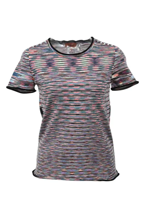 Multi-colour wool-blend knit two-piece set with crewneck T-shirt and contrast-trimmed button front cardigan