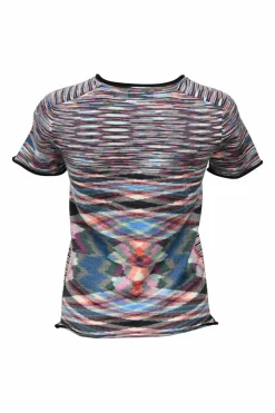 Multi-colour wool-blend knit two-piece set with crewneck T-shirt and contrast-trimmed button front cardigan