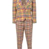 Multi-colour wool-blend Madras check tweed notch lapel tailored jacket and pull-on high-rise tapered leg trouser suit set