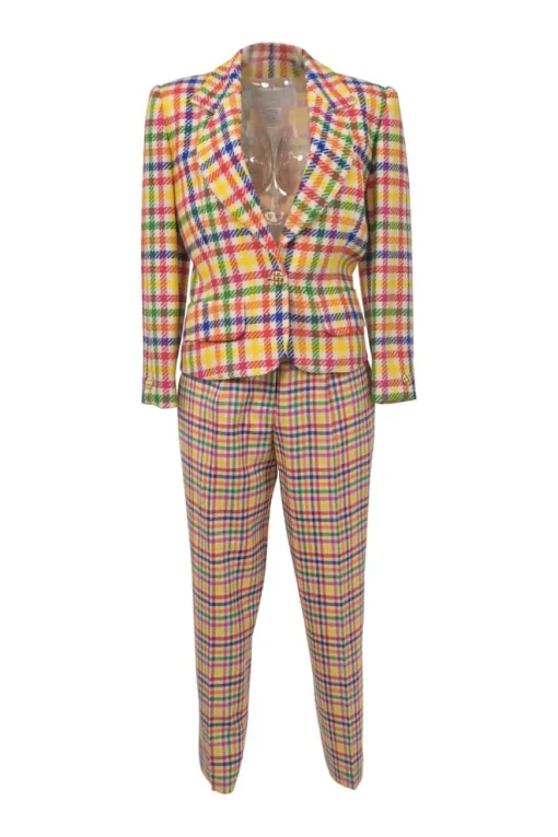Multi-colour wool-blend Madras check tweed notch lapel tailored jacket and pull-on high-rise tapered leg trouser suit set