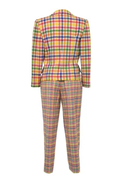 Multi-colour wool-blend Madras check tweed notch lapel tailored jacket and pull-on high-rise tapered leg trouser suit set