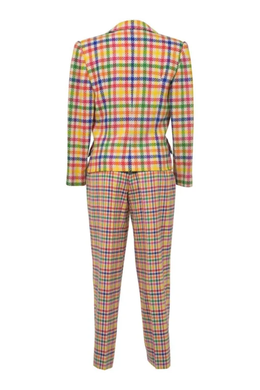 Multi-colour wool-blend Madras check tweed notch lapel tailored jacket and pull-on high-rise tapered leg trouser suit set