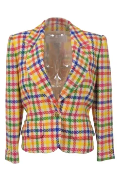 Multi-colour wool-blend Madras check tweed notch lapel tailored jacket and pull-on high-rise tapered leg trouser suit set