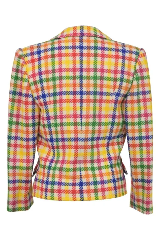 Multi-colour wool-blend Madras check tweed notch lapel tailored jacket and pull-on high-rise tapered leg trouser suit set