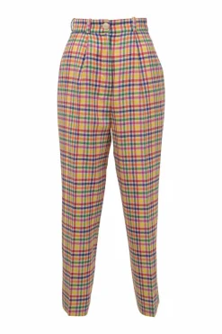 Multi-colour wool-blend Madras check tweed notch lapel tailored jacket and pull-on high-rise tapered leg trouser suit set
