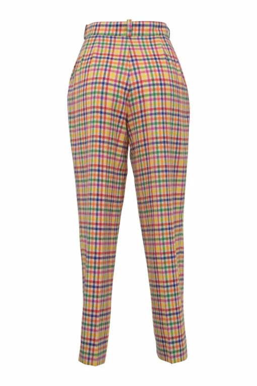 Multi-colour wool-blend Madras check tweed notch lapel tailored jacket and pull-on high-rise tapered leg trouser suit set