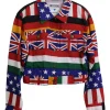 Multi-coloured cotton denim jacket featuring all-over world flag print and back patch