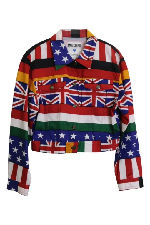 Multi-coloured cotton denim jacket featuring all-over world flag print and back patch