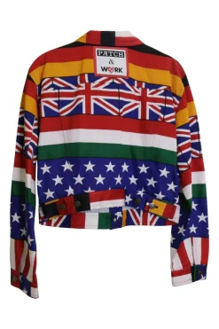 Multi-coloured cotton denim jacket featuring all-over world flag print and back patch