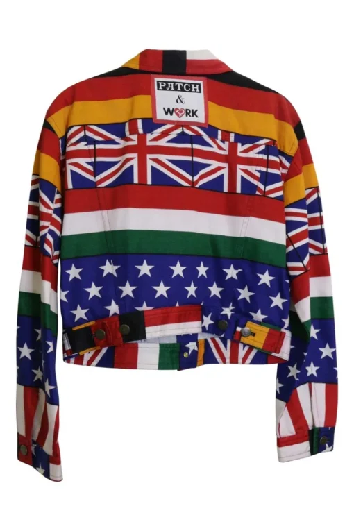 Multi-coloured cotton denim jacket featuring all-over world flag print and back patch