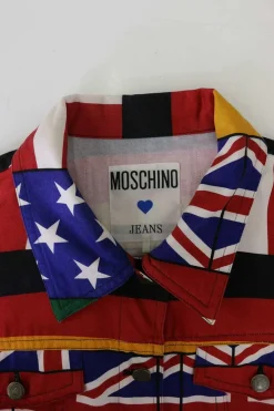 Multi-coloured cotton denim jacket featuring all-over world flag print and back patch