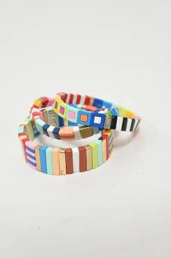 Multi-coloured enamel and gold-tone metal Cherry Bomb bracelet set