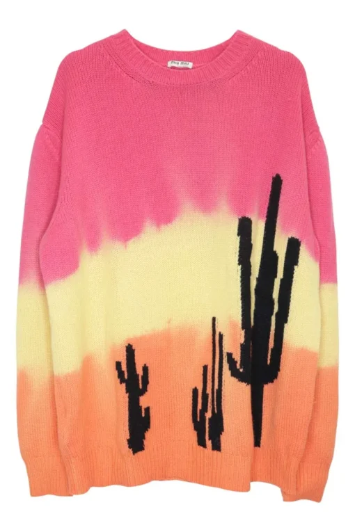 Multi-coloured gradient dip-dye-effect cashmere intarsia cactus crewneck pullover sweater