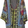 Multi-coloured silk abstract foulard-style border print open front short boxy robe