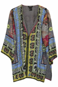 Multi-coloured silk abstract foulard-style border print open front short boxy robe