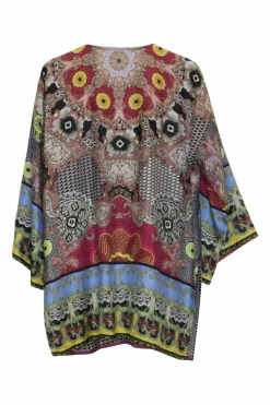 Multi-coloured silk abstract foulard-style border print open front short boxy robe