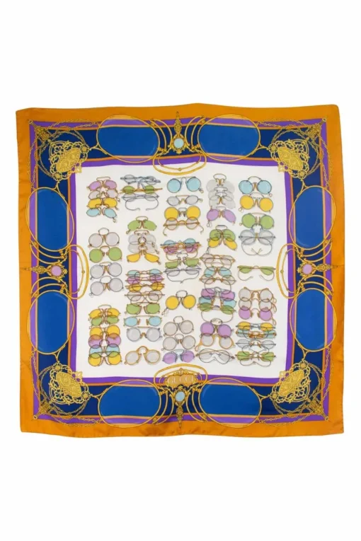 Mustard and blue "multi sunnies" print silk scarf