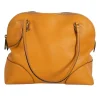 Mustard grained leather shoulder bag with double leather strap handles and light gold tone hardware