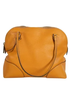 Mustard grained leather shoulder bag with double leather strap handles and light gold tone hardware
