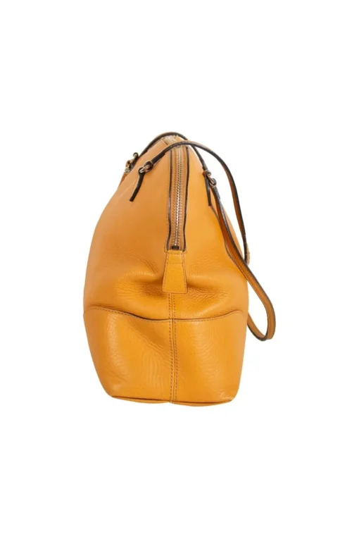 Mustard grained leather shoulder bag with double leather strap handles and light gold tone hardware