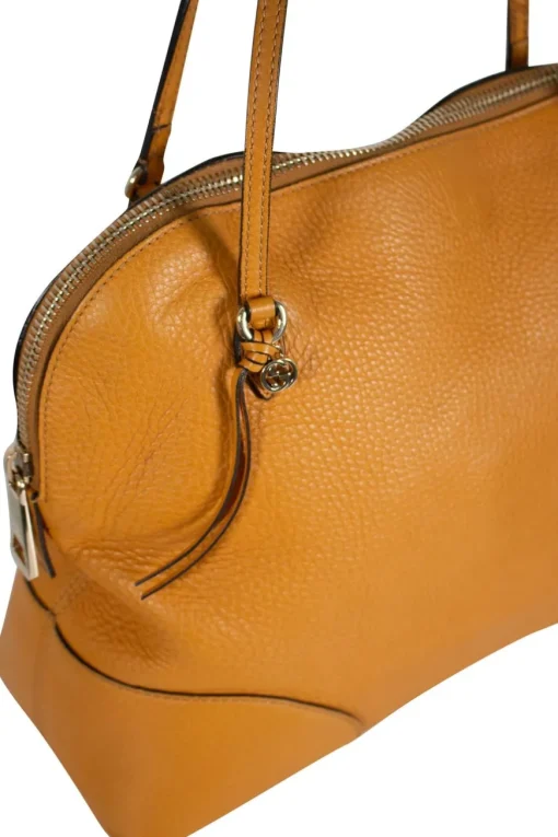 Mustard grained leather shoulder bag with double leather strap handles and light gold tone hardware