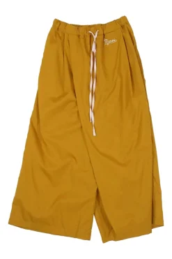 Mustard yellow cotton wrap-effect pull-on wide-leg logo cropped pants with drawstring waist
