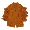 Mustard yellow fringe merino wool Arossa oversized cable knit open-front cardigan