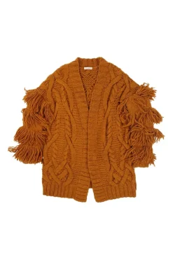 Mustard yellow fringe merino wool Arossa oversized cable knit open-front cardigan