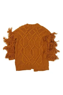 Mustard yellow fringe merino wool Arossa oversized cable knit open-front cardigan