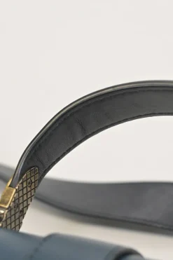 Navy and anthracite paneled leather Piazza satchel with detachable shoulder strap