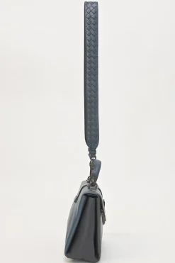 Navy and anthracite paneled leather Piazza satchel with detachable shoulder strap