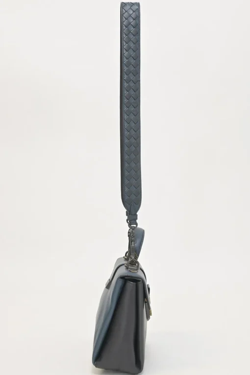 Navy and anthracite paneled leather Piazza satchel with detachable shoulder strap
