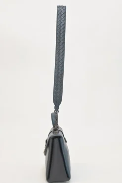Navy and anthracite paneled leather Piazza satchel with detachable shoulder strap