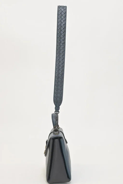 Navy and anthracite paneled leather Piazza satchel with detachable shoulder strap