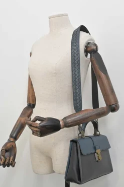 Navy and anthracite paneled leather Piazza satchel with detachable shoulder strap