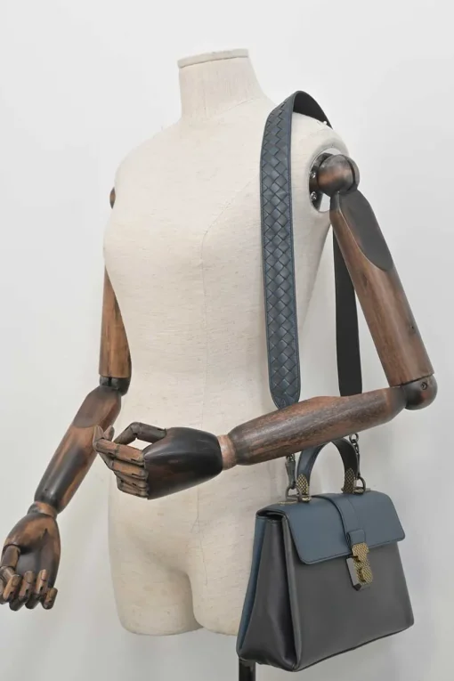 Navy and anthracite paneled leather Piazza satchel with detachable shoulder strap