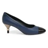 Navy and black contrast leather almond-toe pumps with patterned gold-tone metal heels and black Coco logo on ankle counter