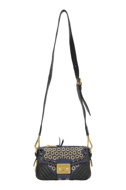 Navy and black grommet-embellished biker crossbody bag