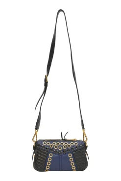 Navy and black grommet-embellished biker crossbody bag