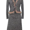 Navy and blush wool-blend bouclé tweed single breasted notch lapel jacket and A-line knee-length skirt suit set