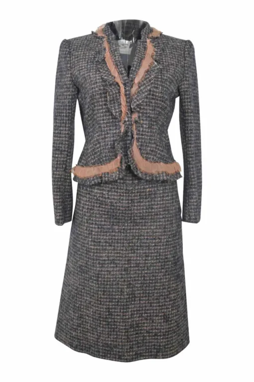 Navy and blush wool-blend bouclé tweed single breasted notch lapel jacket and A-line knee-length skirt suit set