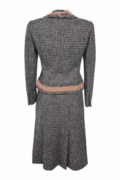 Navy and blush wool-blend bouclé tweed single breasted notch lapel jacket and A-line knee-length skirt suit set