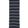 Navy and charcoal merino-alpaca blend striped jersey knit scarf with pom pom appliqué