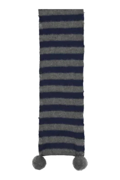 Navy and charcoal merino-alpaca blend striped jersey knit scarf with pom pom appliqué