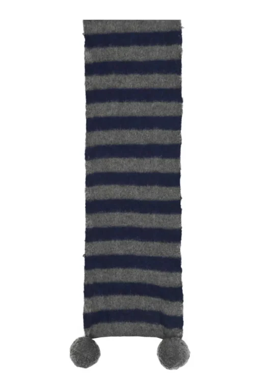 Navy and charcoal merino-alpaca blend striped jersey knit scarf with pom pom appliqué