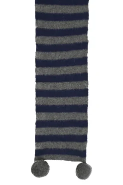 Navy and charcoal merino-alpaca blend striped jersey knit scarf with pom pom appliqué