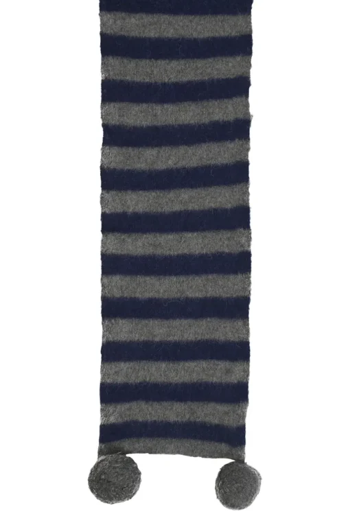 Navy and charcoal merino-alpaca blend striped jersey knit scarf with pom pom appliqué