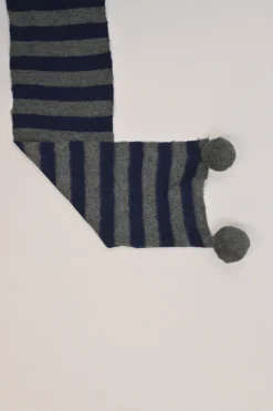 Navy and charcoal merino-alpaca blend striped jersey knit scarf with pom pom appliqué