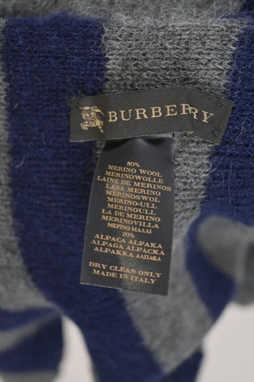 Navy and charcoal merino-alpaca blend striped jersey knit scarf with pom pom appliqué
