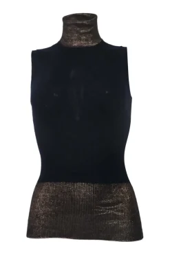 Navy and copper cashmere-blend foiled turtleneck sleeveless knit top